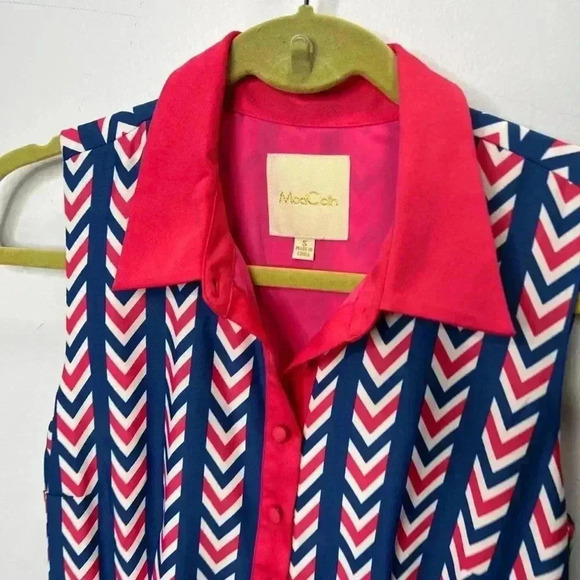 ModCloth blue pink white chevron retro pleated collared midi dress - Picture 3 of 4